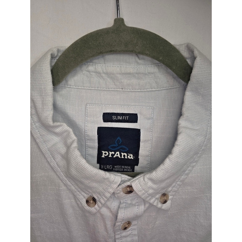 Prana Breathe Mens XL Slim Fit Short Sleeve Button Down Shirt Light Blue Heather